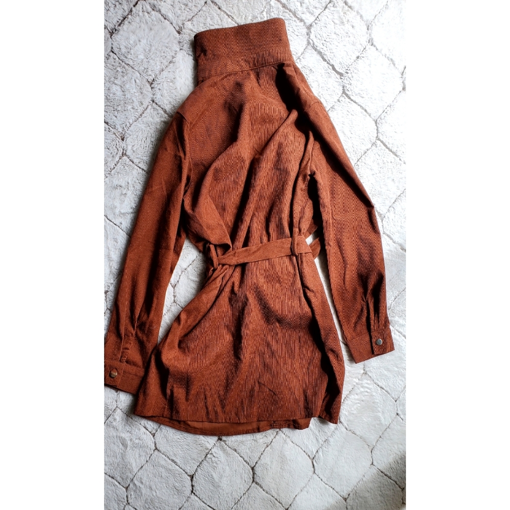 SHEIN Corduroy Solid Belted Shirt Dress. - Picture 2 of 2